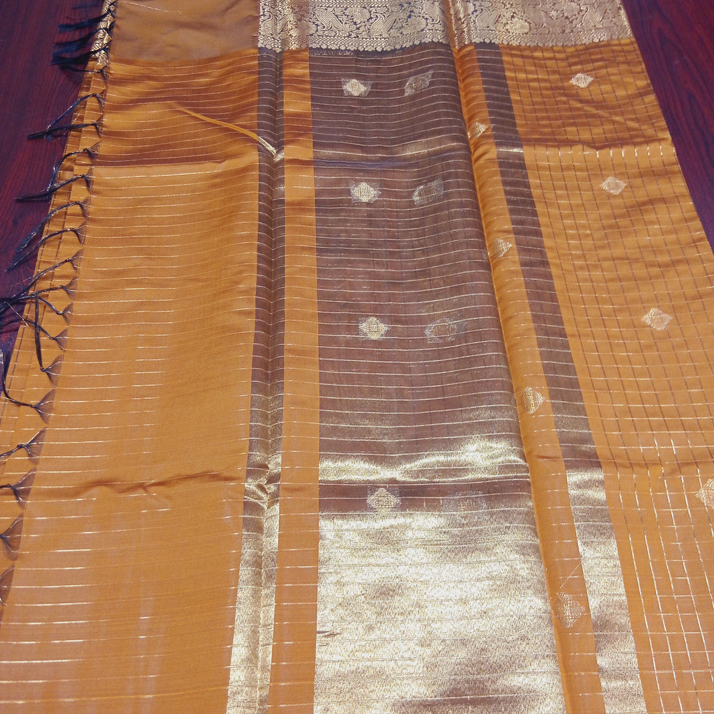 Kanchipuram Silk saree with Gold Zari checkered pattern with Gold Butta all over saree and pallu in Yellow color