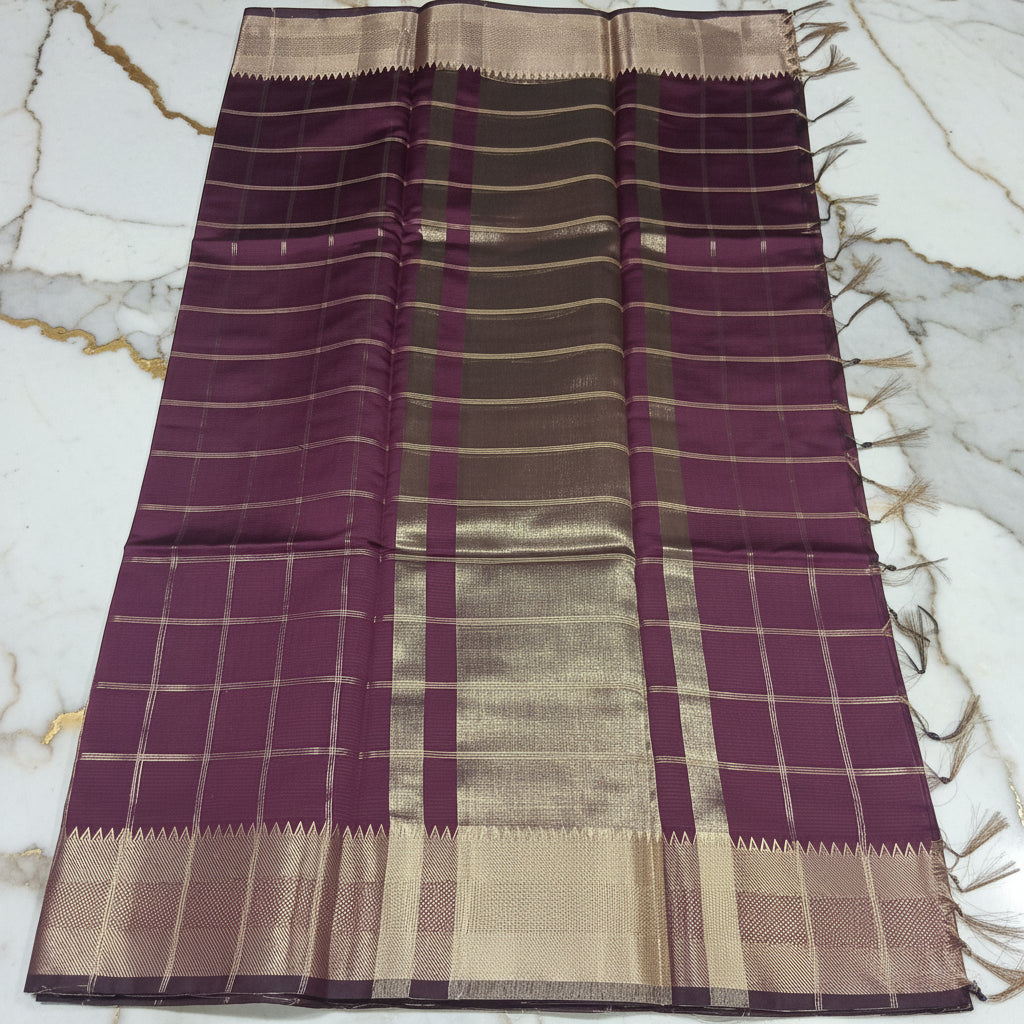 Kanchipuram Silk saree with Gold Zari big checkered pattern with Gold Butta all over saree and pallu in Maroon Color