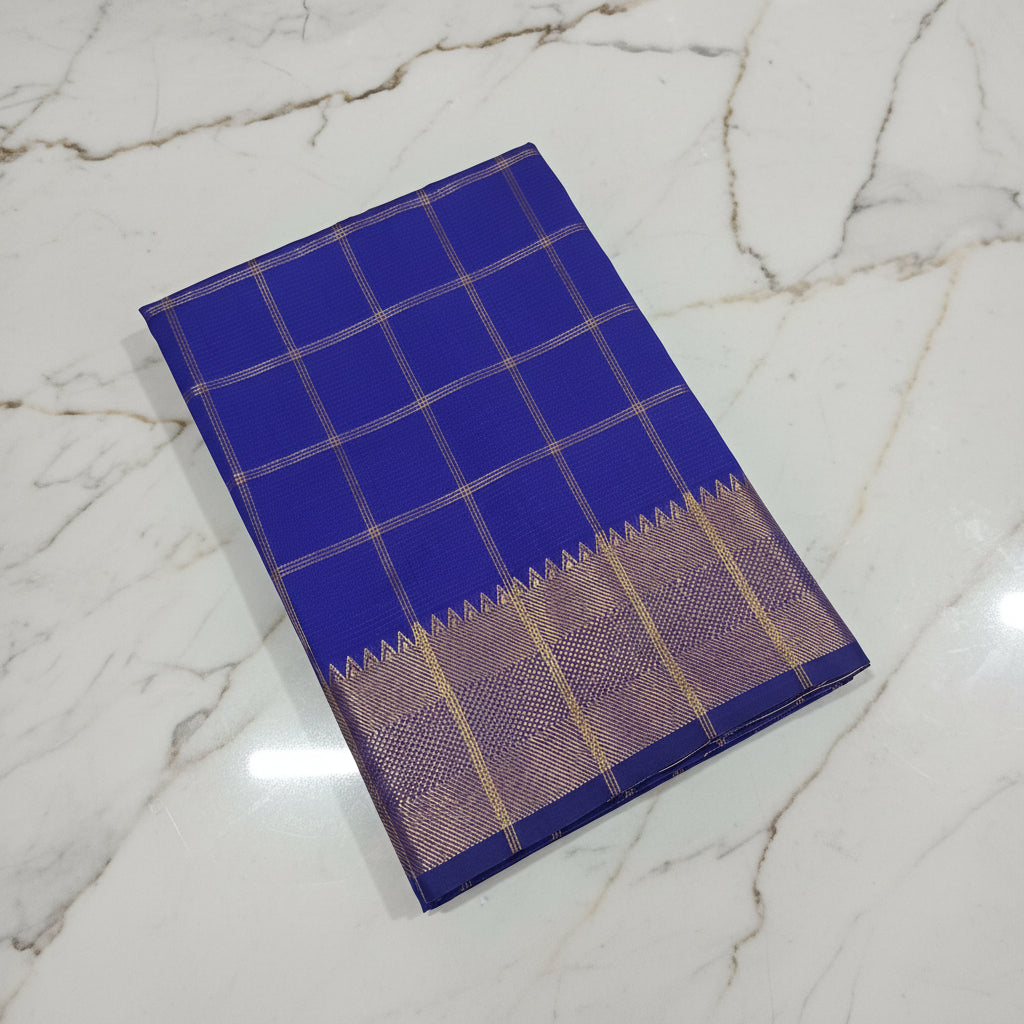 Kanchipuram Silk saree with Gold Zari big checkered pattern with Gold Butta all over saree and pallu in Royal Bluish Purple Color