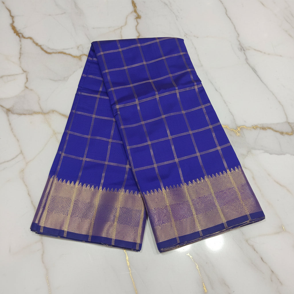 Kanchipuram Silk saree with Gold Zari big checkered pattern with Gold Butta all over saree and pallu in Royal Bluish Purple Color