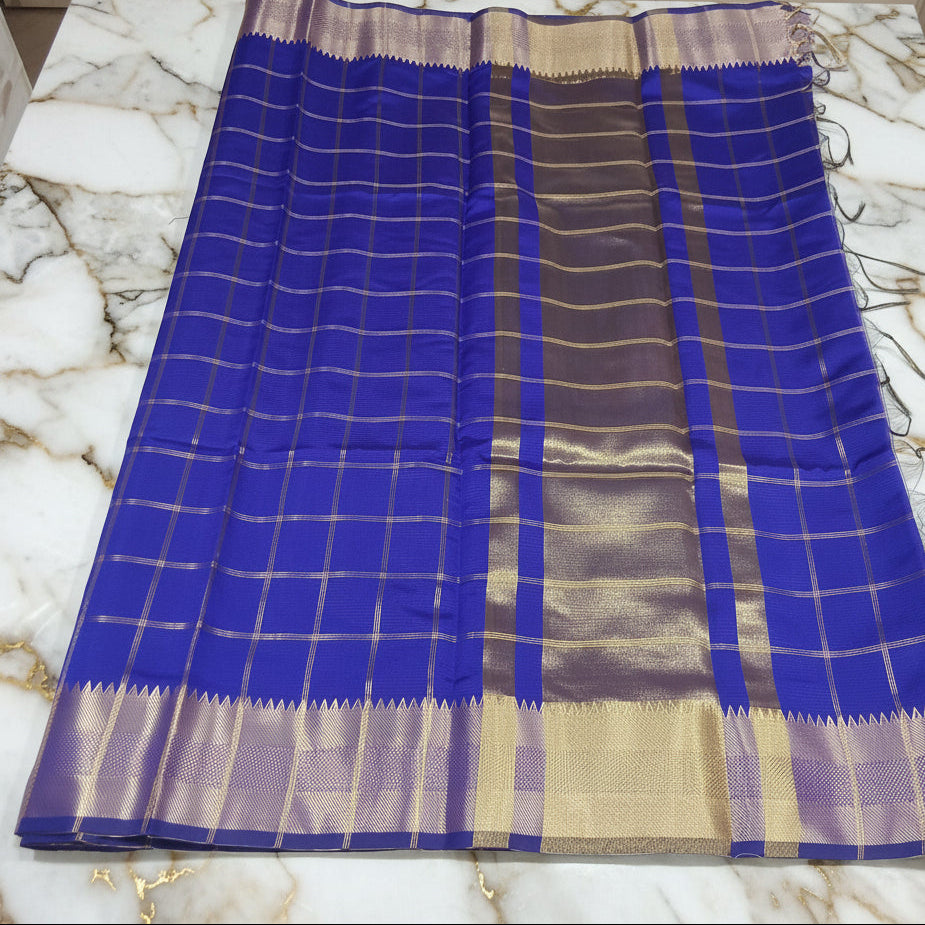 Kanchipuram Silk saree with Gold Zari big checkered pattern with Gold Butta all over saree and pallu in Royal Bluish Purple Color