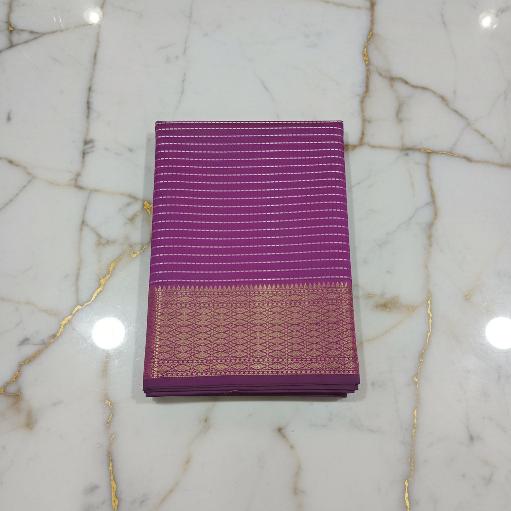 Kanchipuram Silk saree with Gold Zari Lined pattern with Gold Butta all over saree and pallu in Purple Color