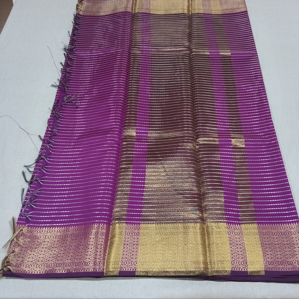 Kanchipuram Silk saree with Gold Zari Lined pattern with Gold Butta all over saree and pallu in Purple Color