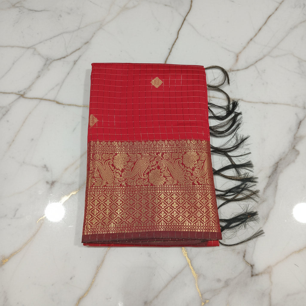 Kanchipuram Silk saree with Gold Zari checkered pattern with Gold Butta all over saree and pallu in Red Color