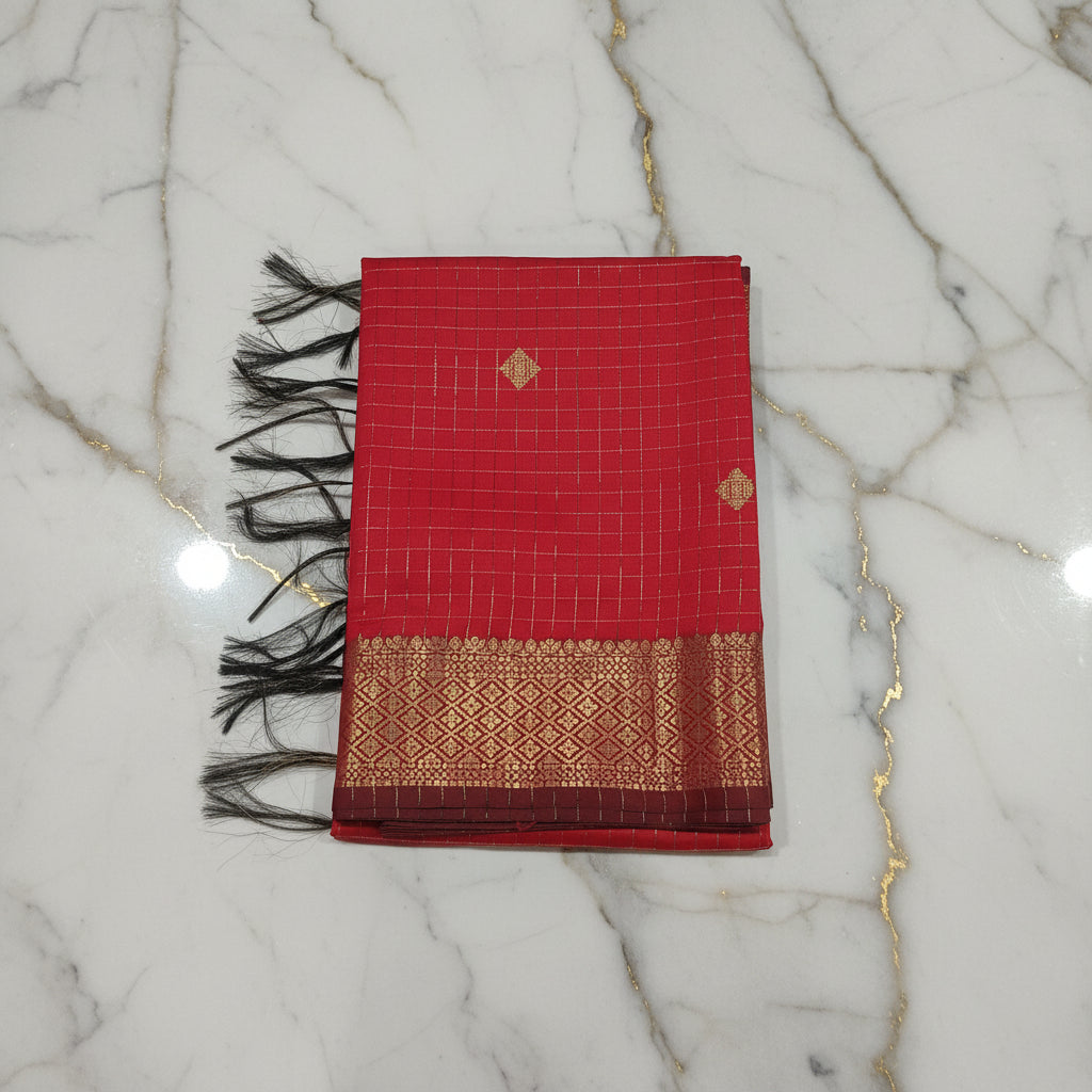 Kanchipuram Silk saree with Gold Zari checkered pattern with Gold Butta all over saree and pallu in Red Color