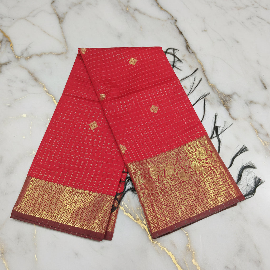 Kanchipuram Silk saree with Gold Zari checkered pattern with Gold Butta all over saree and pallu in Red Color