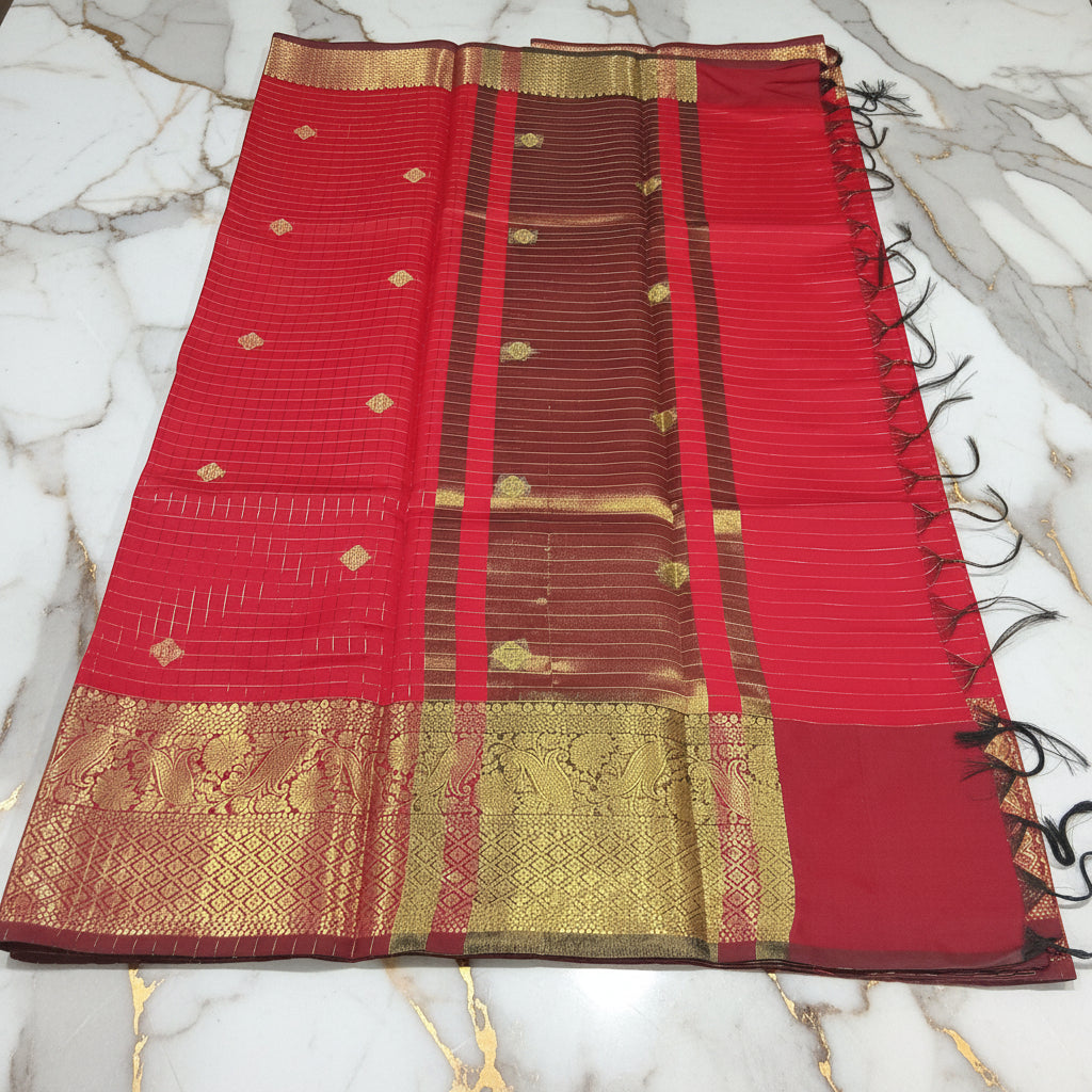 Kanchipuram Silk saree with Gold Zari checkered pattern with Gold Butta all over saree and pallu in Red Color