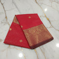Kanchipuram Silk saree with Gold Zari checkered pattern with Gold Butta all over saree and pallu in Red Color