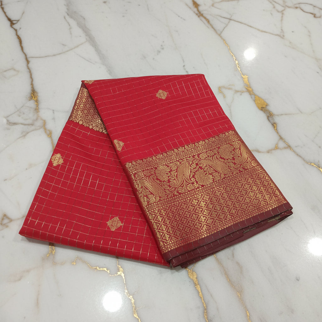 Kanchipuram Silk saree with Gold Zari checkered pattern with Gold Butta all over saree and pallu in Red Color
