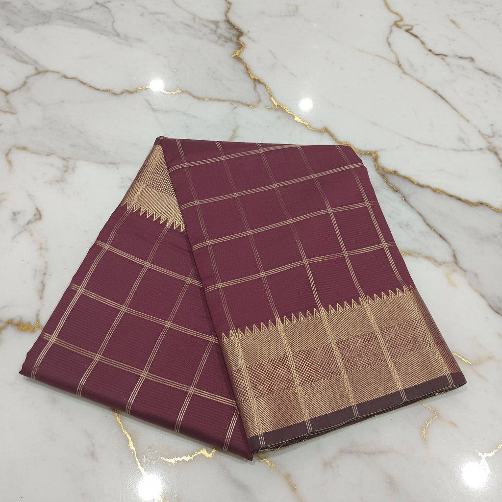 Kanchipuram Silk saree with Gold Zari big checkered pattern with Gold Butta all over saree and pallu in Maroon Color