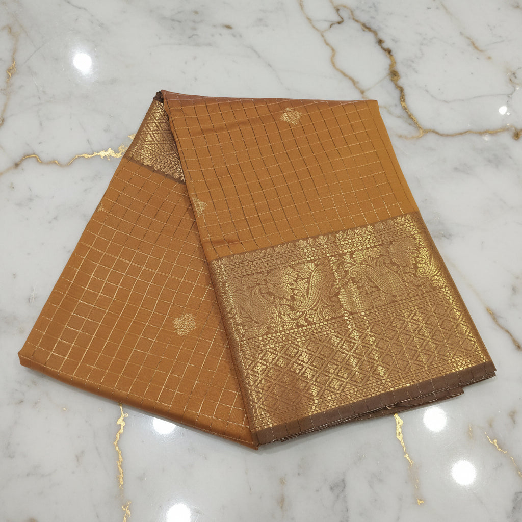 Kanchipuram Silk saree with Gold Zari checkered pattern with Gold Butta all over saree and pallu in Yellow color