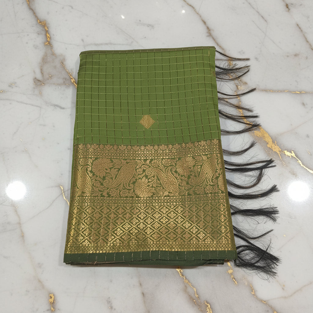 Kanchipuram Silk saree with Gold Zari checkered pattern with Gold Butta all over saree and pallu in Green color