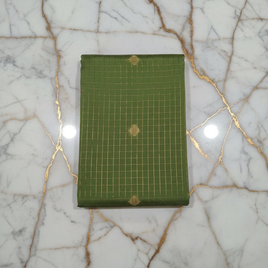 Kanchipuram Silk saree with Gold Zari checkered pattern with Gold Butta all over saree and pallu in Green color