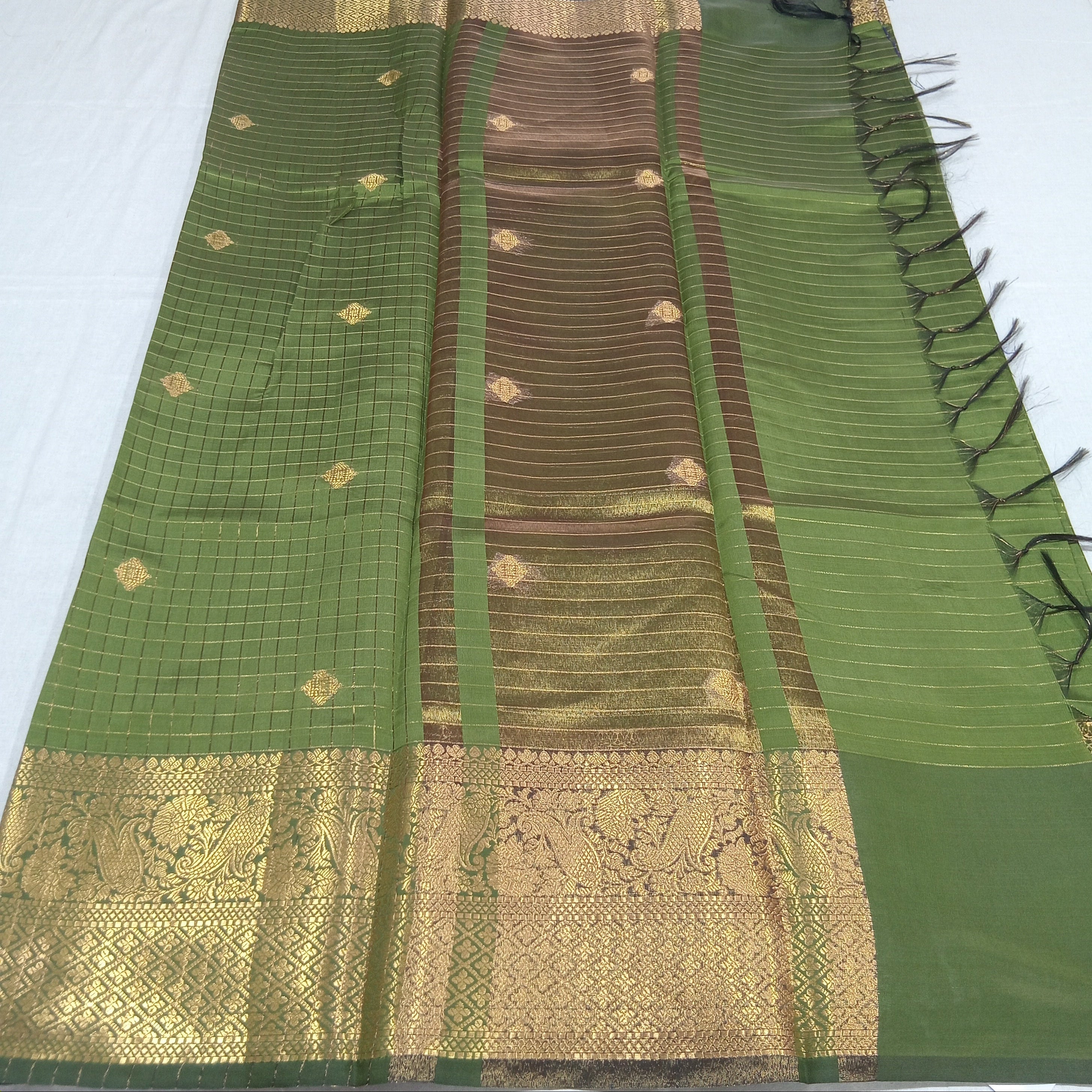 Kanchipuram Silk saree with Gold Zari checkered pattern with Gold Butta all over saree and pallu in Green color