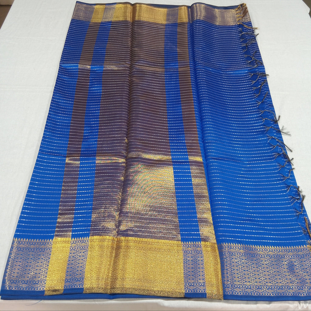 Kanchipuram Silk saree with Gold Zari Lined pattern with Gold Butta all over saree and pallu in Blue Color