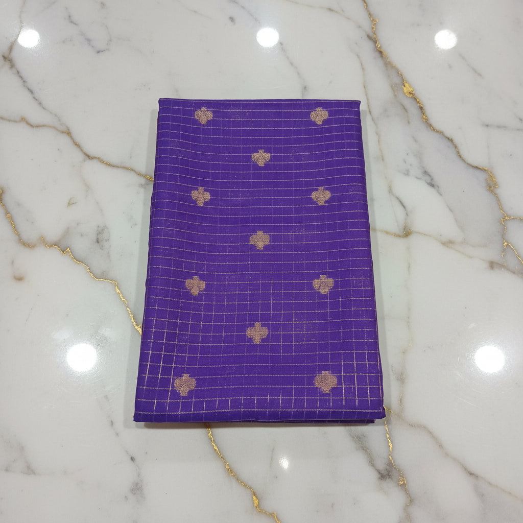 Kanchipuram Silk saree with Gold Zari checkered pattern with Gold Butta all over saree and pallu in Purple Reddish Pink color
