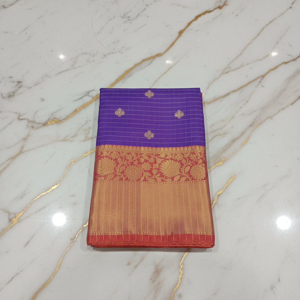 Kanchipuram Silk saree with Gold Zari checkered pattern with Gold Butta all over saree and pallu in Purple Reddish Pink color
