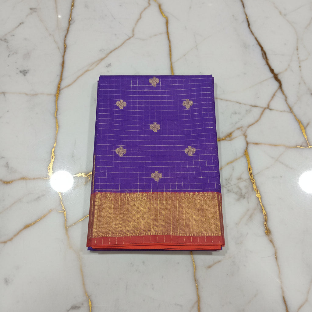 Kanchipuram Silk saree with Gold Zari checkered pattern with Gold Butta all over saree and pallu in Purple Reddish Pink color