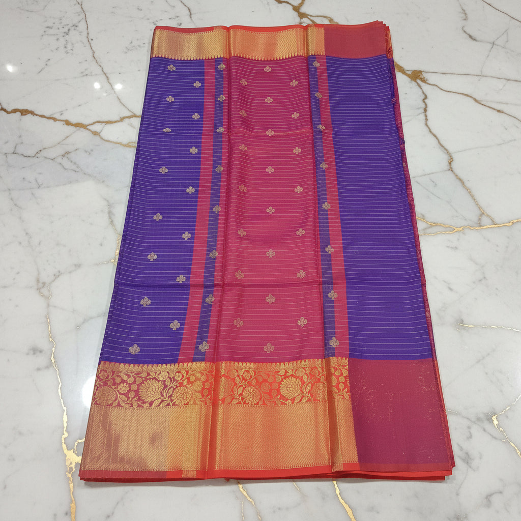 Kanchipuram Silk saree with Gold Zari checkered pattern with Gold Butta all over saree and pallu in Purple Reddish Pink color