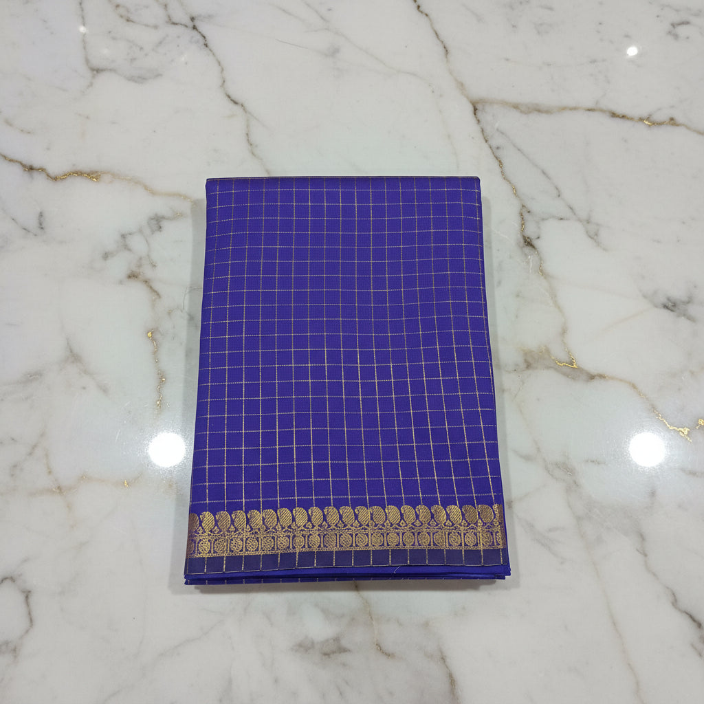 Kanchipuram Silk saree with Gold Zari mini checkered pattern with Gold Butta all over saree and pallu in Blue Color