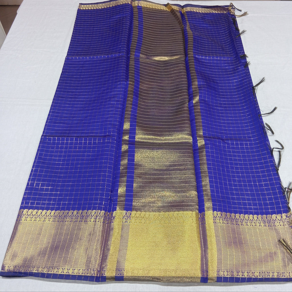 Kanchipuram Silk saree with Gold Zari mini checkered pattern with Gold Butta all over saree and pallu in Blue Color