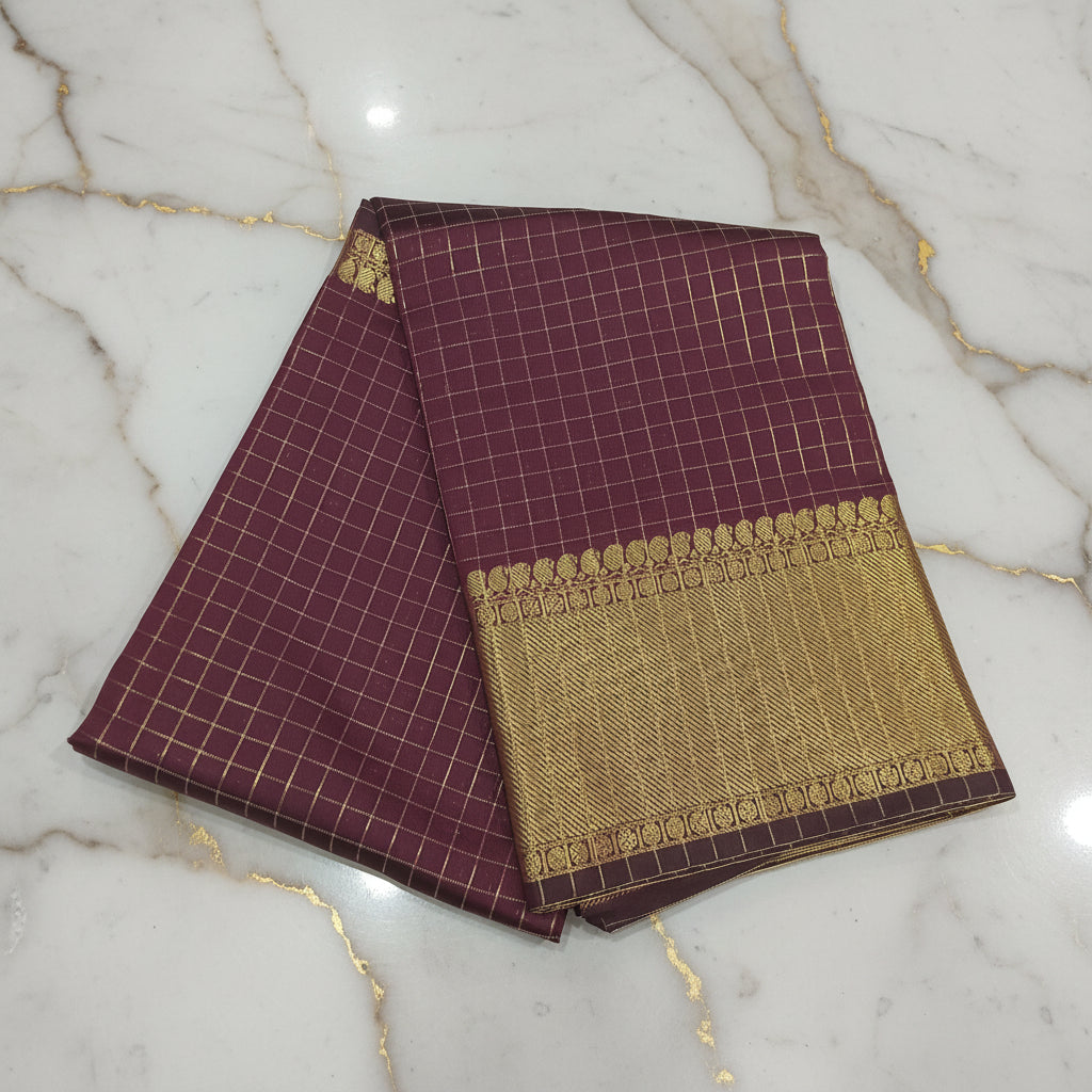 Kanchipuram Silk saree with Gold Zari mini checkered pattern with Gold Butta all over saree and pallu in Maroon Color