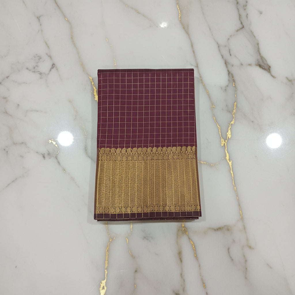 Kanchipuram Silk saree with Gold Zari mini checkered pattern with Gold Butta all over saree and pallu in Maroon Color