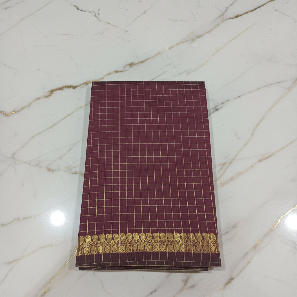 Kanchipuram Silk saree with Gold Zari mini checkered pattern with Gold Butta all over saree and pallu in Maroon Color