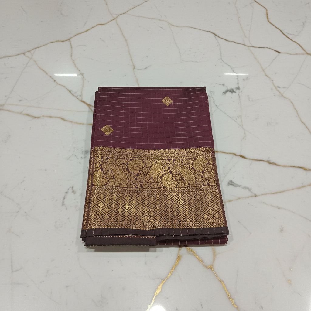 Kanchipuram Silk saree with Gold Zari checkered pattern with Gold Butta all over saree and pallu in Maroon color