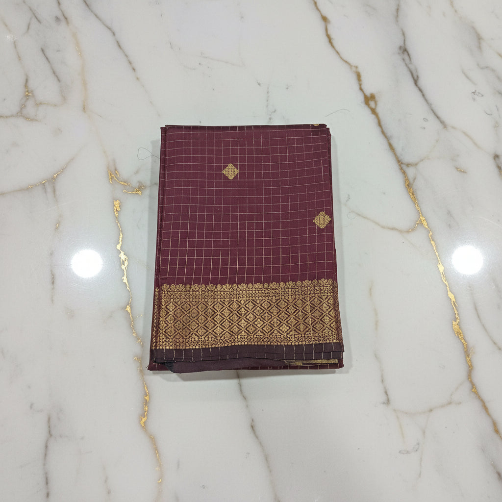Kanchipuram Silk saree with Gold Zari checkered pattern with Gold Butta all over saree and pallu in Maroon color