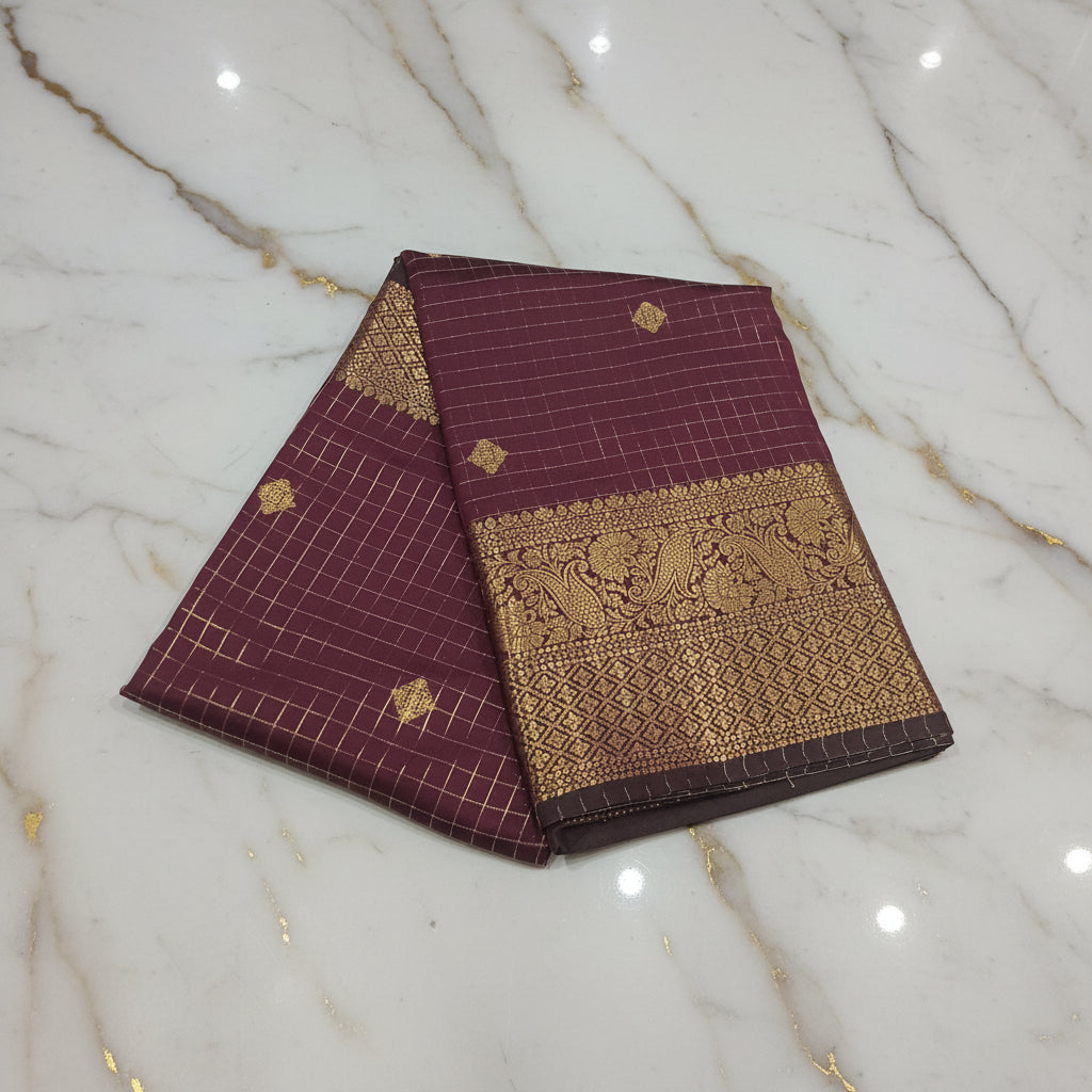 Kanchipuram Silk saree with Gold Zari checkered pattern with Gold Butta all over saree and pallu in Maroon color