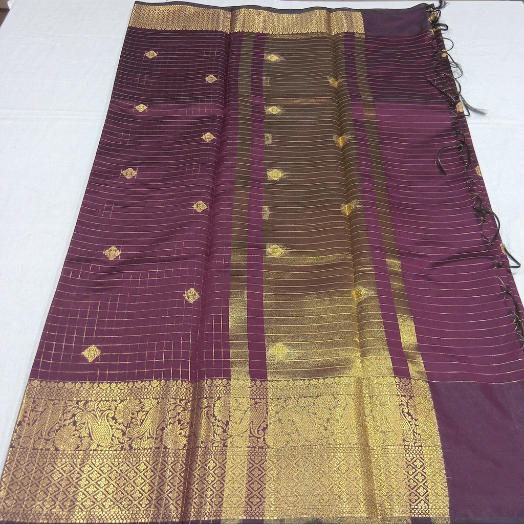 Kanchipuram Silk saree with Gold Zari checkered pattern with Gold Butta all over saree and pallu in Maroon color