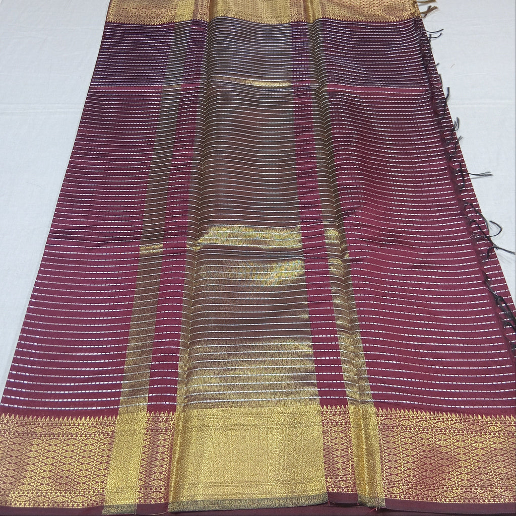 Kanchipuram Silk saree with Gold Zari Lined pattern with Gold Butta all over saree and pallu in