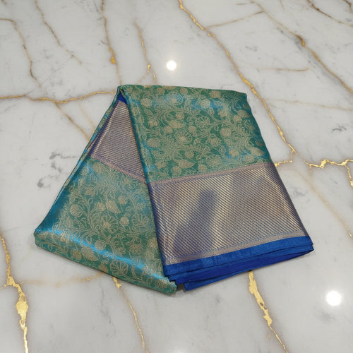 Aqua Green Blue Kanchipuram pure silk saree with gold zari buttas