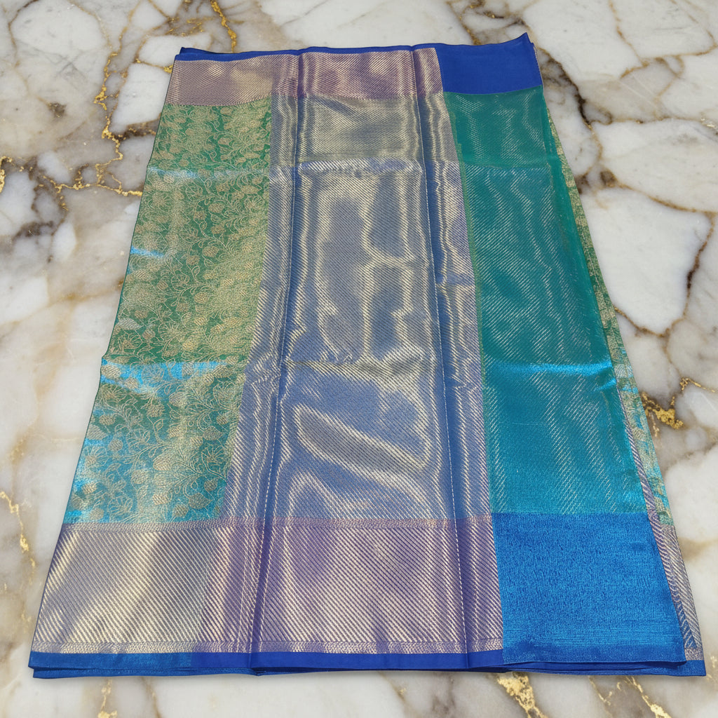 Kanchipuram Silk saree with Gold Zari pattern with Gold Butta all over saree and pallu in Aqua Green Blue Color