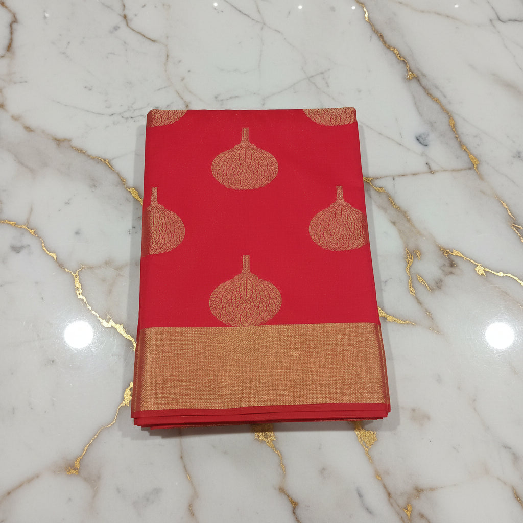 Kanchipuram Silk saree with Gold Zari pattern with Gold Butta all over saree and pallu in Red Color