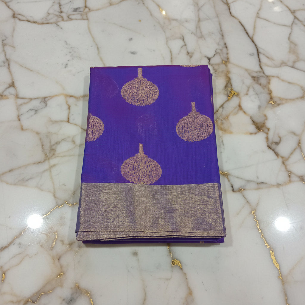 Kanchipuram Silk saree with Gold Zari pattern with Gold Butta all over saree and pallu in Royal Bluish Purple Color