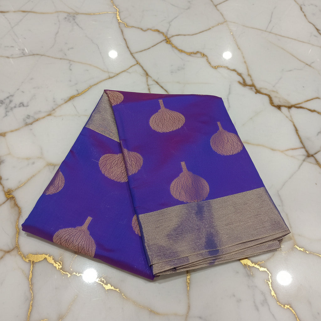 Kanchipuram Silk saree with Gold Zari pattern with Gold Butta all over saree and pallu in Royal Bluish Purple Color