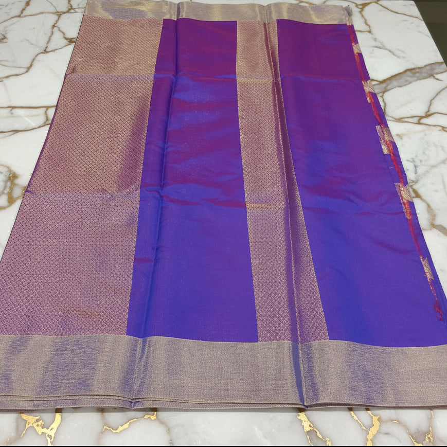 Kanchipuram Silk saree with Gold Zari pattern with Gold Butta all over saree and pallu in Royal Bluish Purple Color