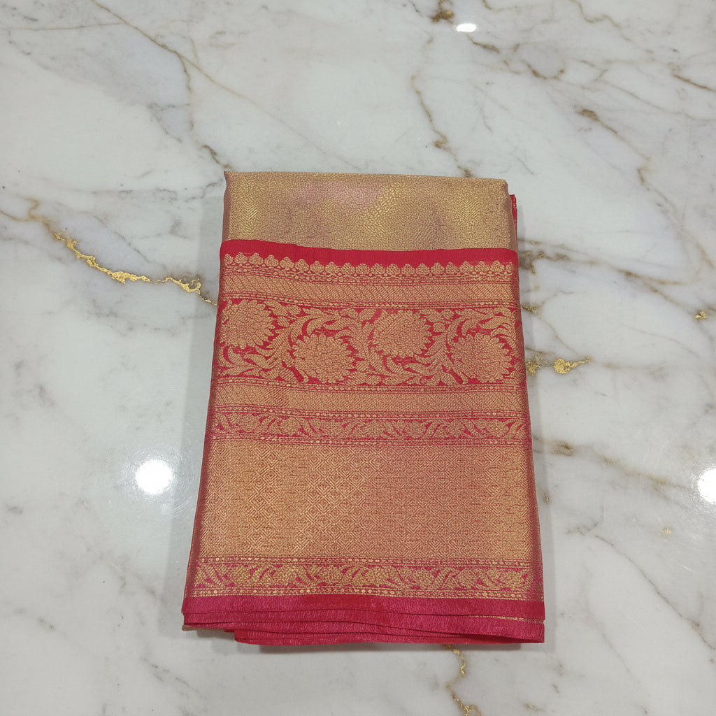 Kanchipuram Silk saree with Gold Zari pattern with Gold Butta all over saree and pallu in Sandalwood Red color