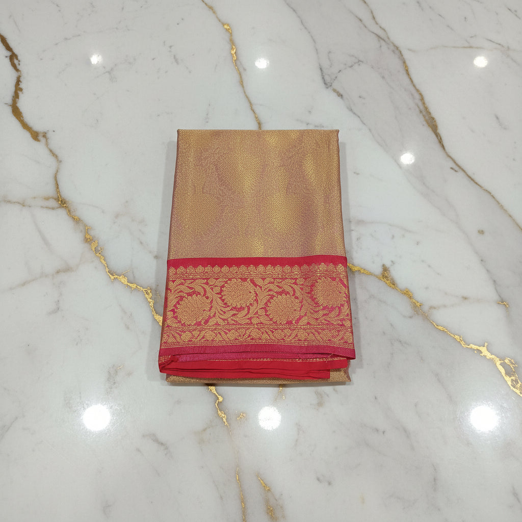 Kanchipuram Silk saree with Gold Zari pattern with Gold Butta all over saree and pallu in Sandalwood Red color