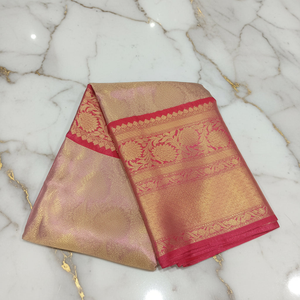 Kanchipuram Silk saree with Gold Zari pattern with Gold Butta all over saree and pallu in Sandalwood Red color
