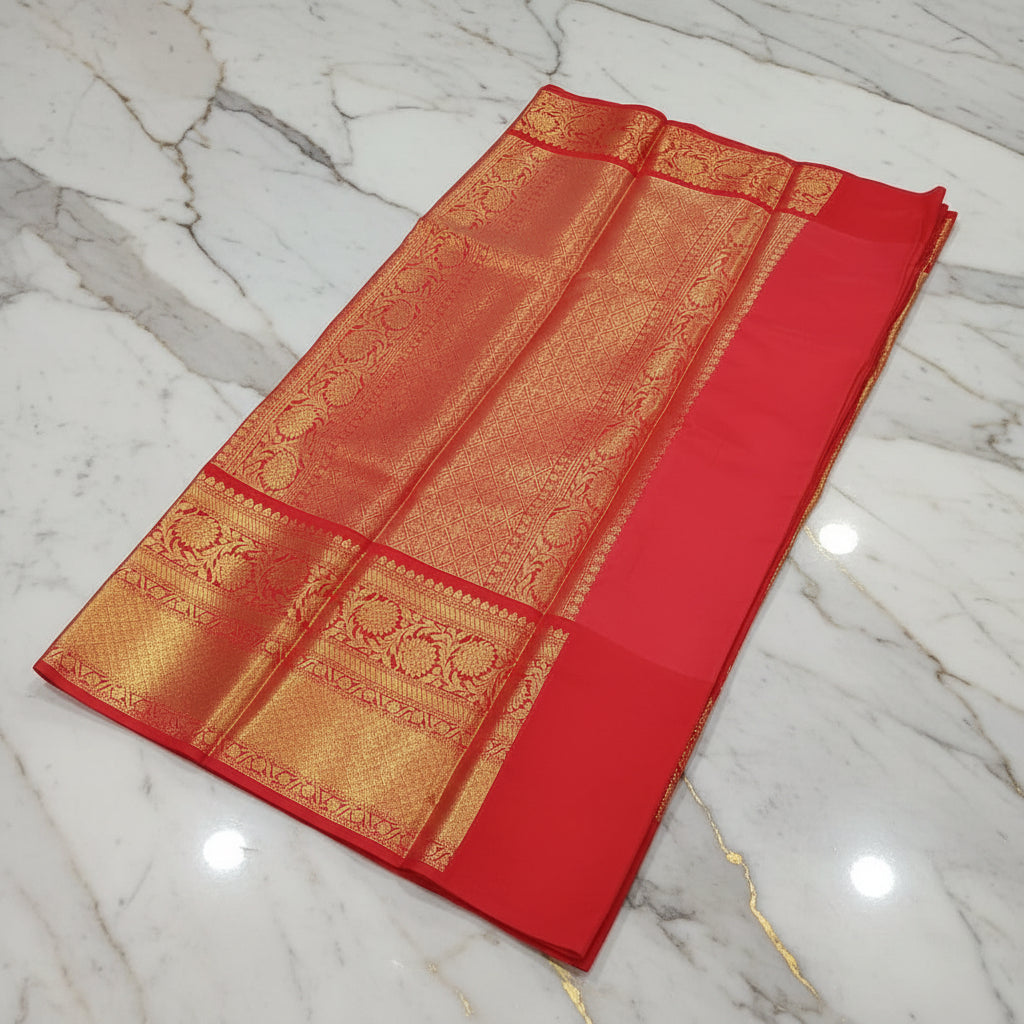 Kanchipuram Silk saree with Gold Zari pattern with Gold Butta all over saree and pallu in Sandalwood Red color