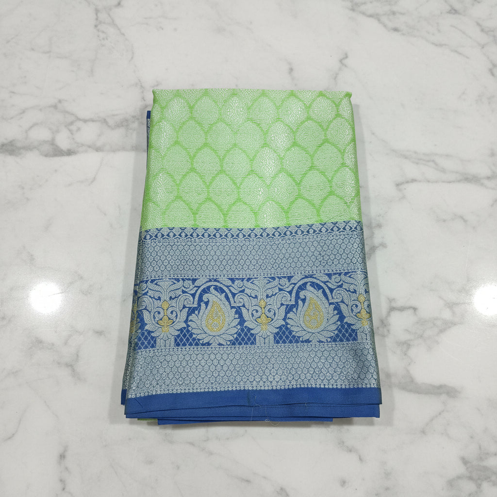 Semi Kanchipuram Silk Saree with Gold Zari Buttas and Contrast Border in Greenish Blue Color
