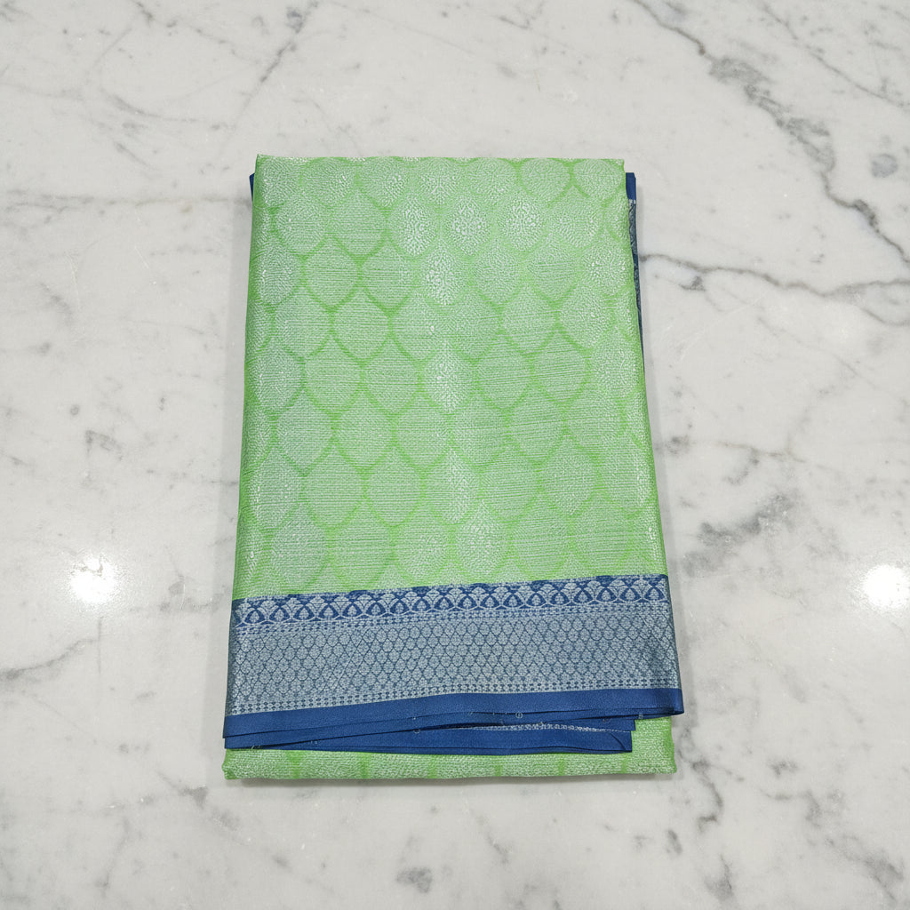 Semi Kanchipuram Silk Saree with Gold Zari Buttas and Contrast Border in Greenish Blue Color
