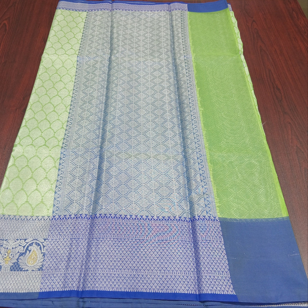 Semi Kanchipuram Silk Saree with Gold Zari Buttas and Contrast Border in Greenish Blue Color