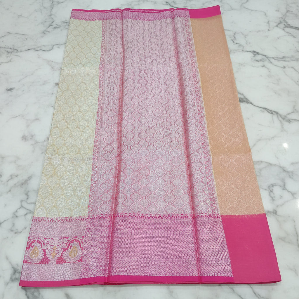 Semi Kanchipuram Silk Saree with Gold Zari Buttas and Contrast Border in Yellowish Cream Pink Color