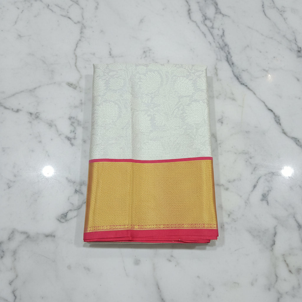 Semi Kanchipuram Silk Saree with Gold Zari Buttas and Contrast Border in Color Whitish Cream Pink Gold Color
