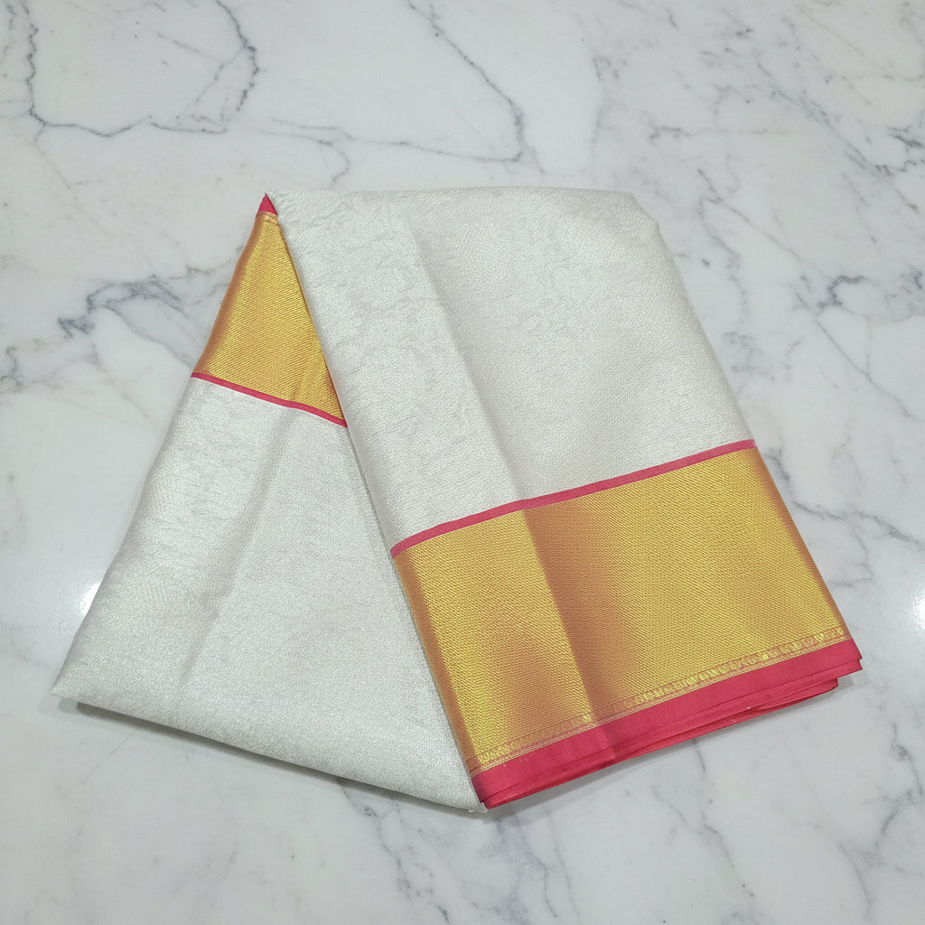 Semi Kanchipuram Silk Saree with Gold Zari Buttas and Contrast Border in Color Whitish Cream Pink Gold Color