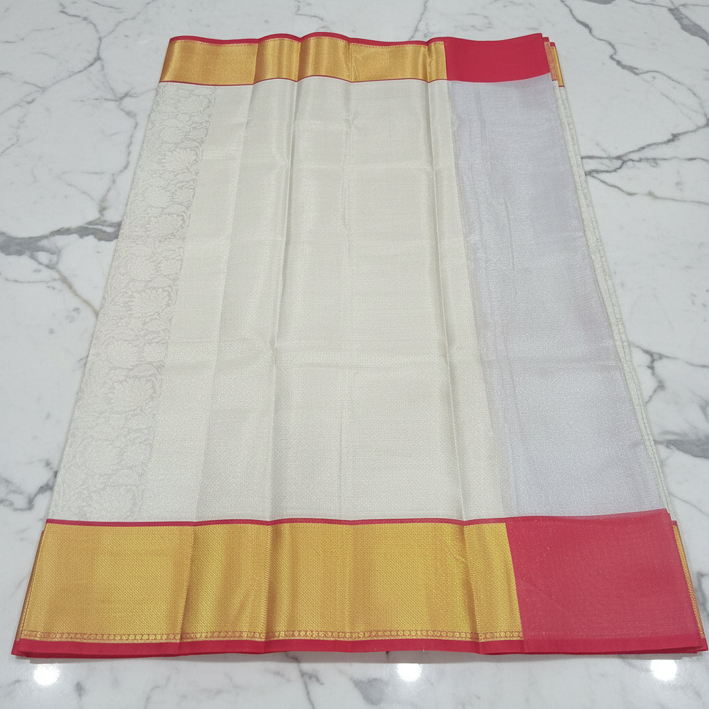 Semi Kanchipuram Silk Saree with Gold Zari Buttas and Contrast Border in Color Whitish Cream Pink Gold Color